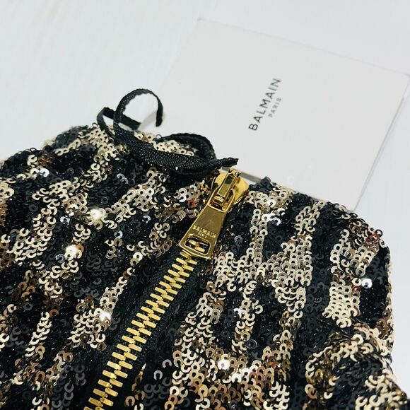 Balmain Strong-Shoulder Mini Dress 40/US 8 Gold Black Sequin Back Zip NWT $3650 - Picture 9 of 14